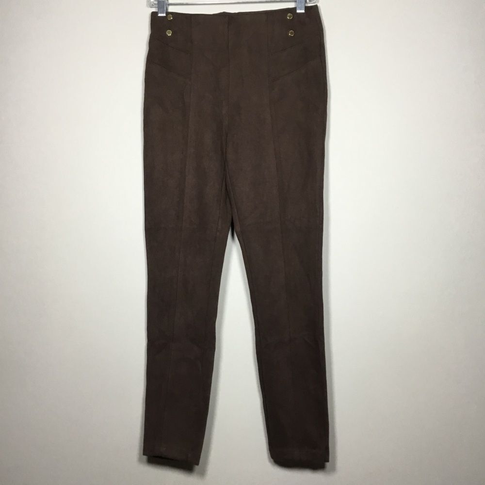 Brown vegan faux suede stretchy pants gold tone buttons waist 28” sz XS western